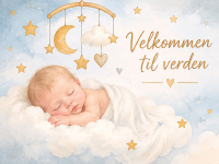 Sødt babykort med sovende baby, måne og stjerner og en varm hilsen om livets små mirakler. Skriv din personlige tekst og send kortet gratis online.