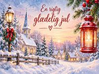 Stemningsfuldt julekort med sneklædt kirke, julelys og vinterlandskab samt teksten “En rigtig glædelig jul”. Skriv din julehilsen og send kortet gratis online.