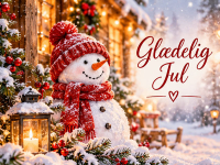Hyggeligt julekort med snemand, sne, julelys og teksten “Glædelig Jul”. Skriv din personlige julehilsen og send kortet gratis online.