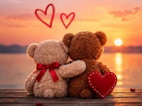 Et sødt og romantisk valentinskort med to bamser, hjerter og en varm solnedgang. Et hyggeligt kort til at fortælle din kæreste, hvor meget han eller hun betyder for dig.