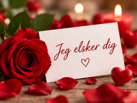 Et romantisk valentinskort med røde roser, hjerter og den enkle kærlighedserklæring “Jeg elsker dig”. Send kortet til din kæreste eller ægtefælle og fortæl, hvor meget personen betyder for dig.