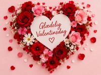 Et smukt valentinskort med et stort hjerte af røde og rosa blomster og teksten “Glædelig Valentinsdag”. Et romantisk kort til at sende en kærlig hilsen den 14. februar.