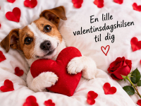 Et sødt og charmerende valentinskort med en glad hund, der holder et stort rødt hjerte. Perfekt til en kærlig valentinsdagshilsen med et glimt i øjet til en helt særlig person.