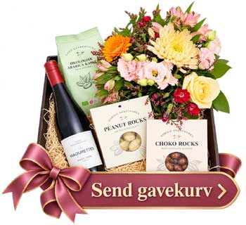 Send gavekurv og blomster
